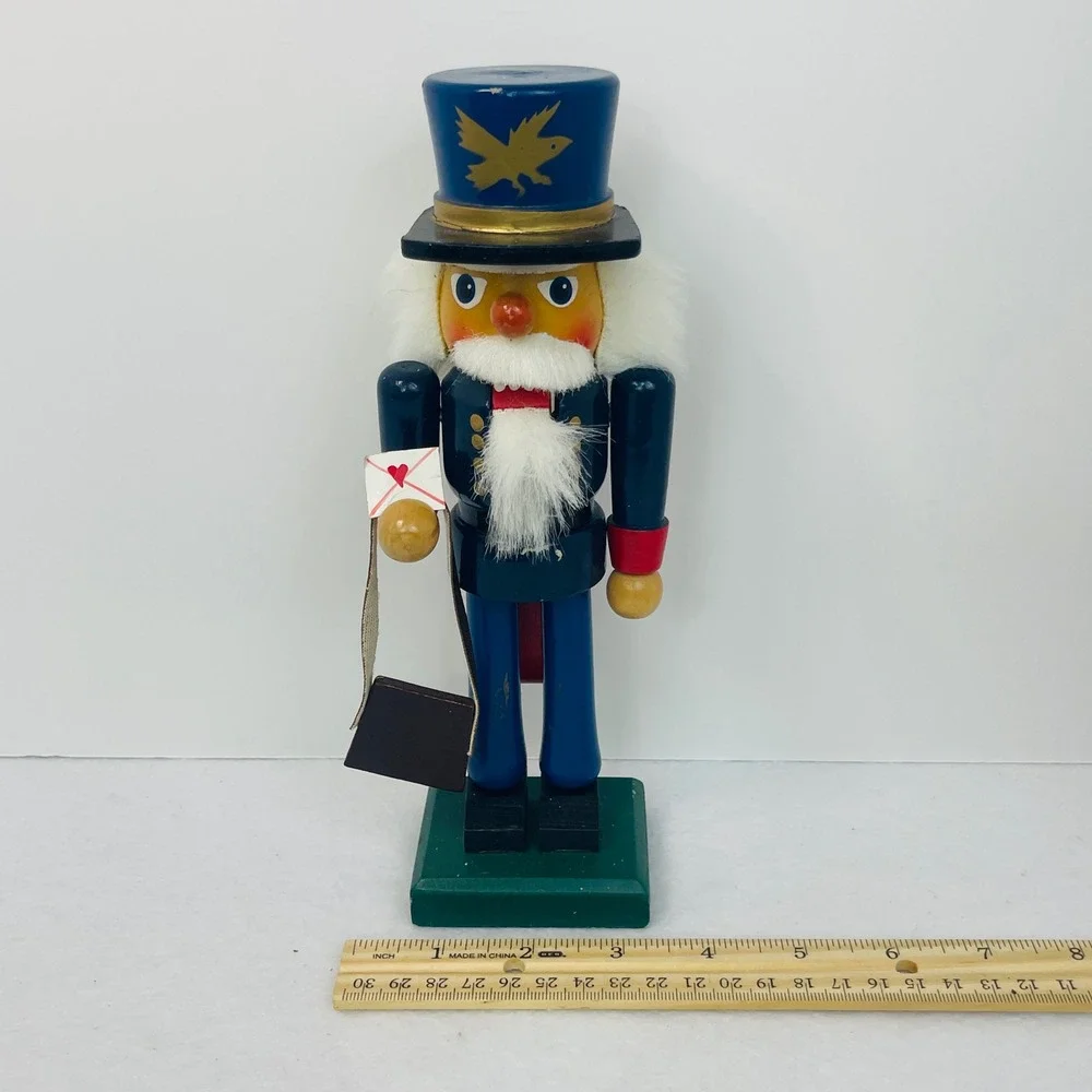 Vintage Wooden Mailman Nutcracker Postman with Letter and Mail Bag 10 Inch Blue